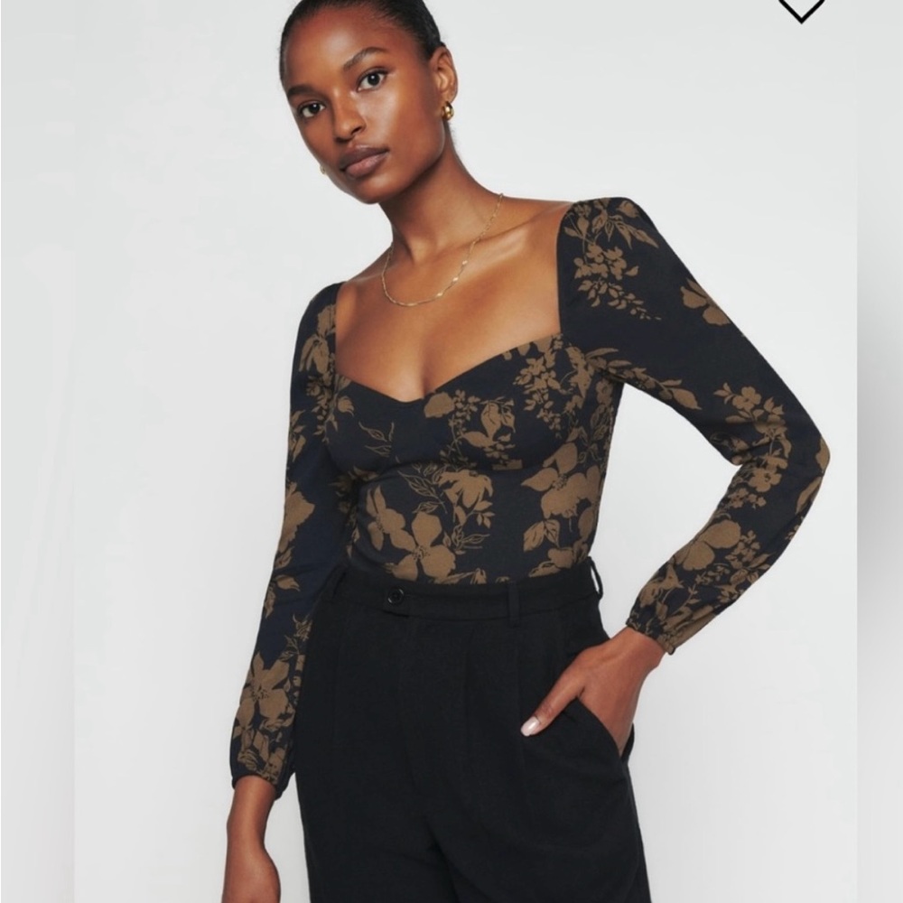 Reformation Reign Floral Top – Black with Brown Flowers, Small/4 EUC
